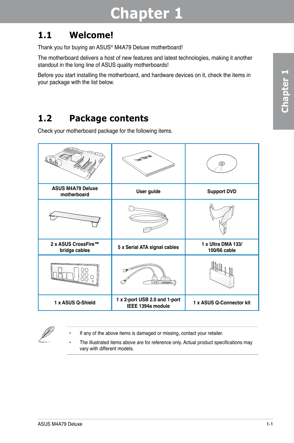 Chapter 1: product introduction, 1 welcome, 2 package contents | Chapter 1, Product introduction, Welcome! -1, Package contents -1, Chapter 1 1.1 welcome | Asus M4A79 Deluxe User Manual | Page 15 / 122