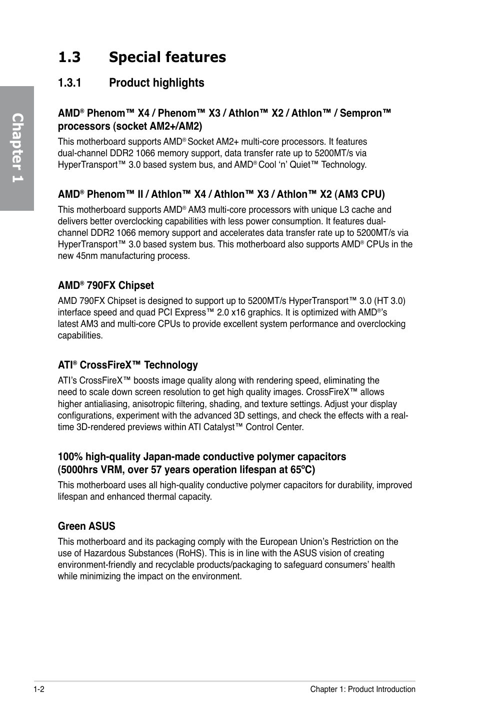 3 special features, 1 product highlights, Special features -2 1.3.1 | Product highlights -2, Chapter 1 1.3 special features | Asus M4A79 Deluxe User Manual | Page 16 / 122