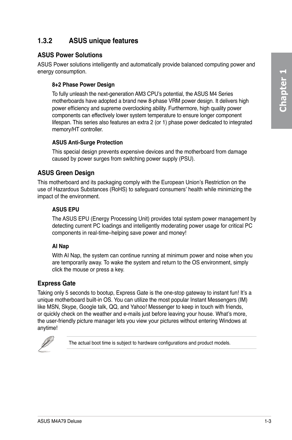 2 asus unique features, Asus unique features -3, Chapter 1 | Asus M4A79 Deluxe User Manual | Page 17 / 122