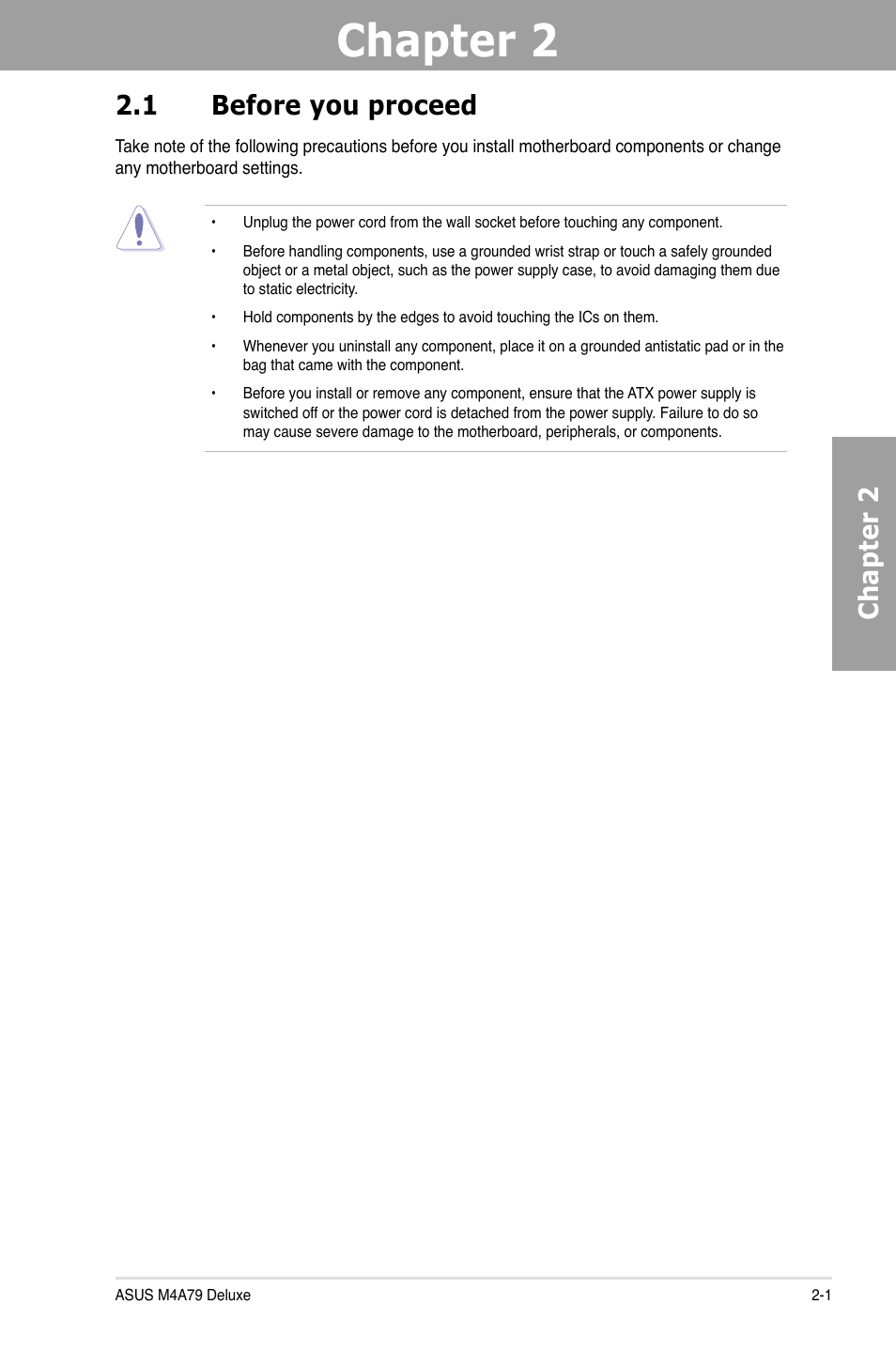 Chapter 2: hardware information, 1 before you proceed, Chapter 2 | Hardware information, Before you proceed -1, Chapter 2 2.1 before you proceed | Asus M4A79 Deluxe User Manual | Page 21 / 122