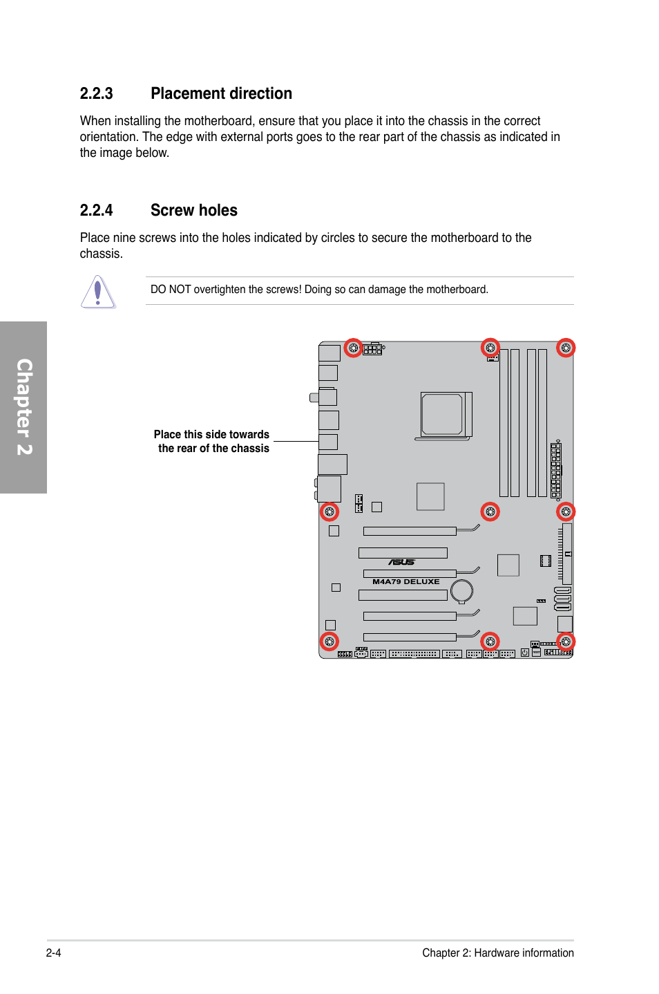 3 placement direction, 4 screw holes, Placement direction -4 | Screw holes -4, Chapter 2 | Asus M4A79 Deluxe User Manual | Page 24 / 122