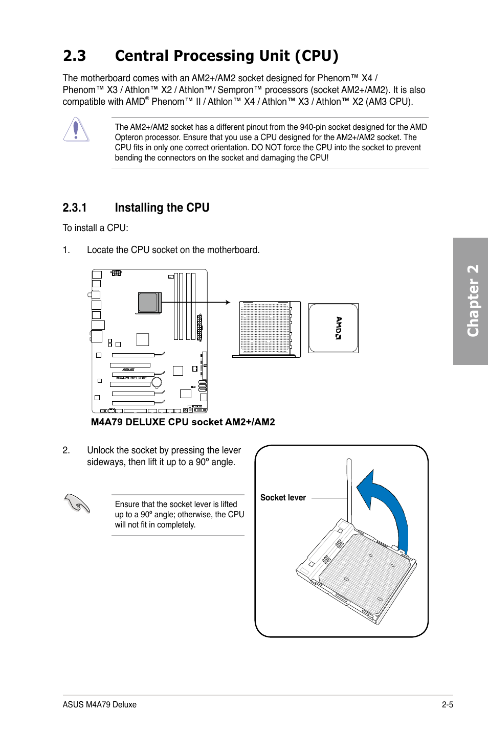 3 central processing unit (cpu), 1 installing the cpu, Central processing unit (cpu) -5 2.3.1 | Installing the cpu -5, Chapter 2 | Asus M4A79 Deluxe User Manual | Page 25 / 122