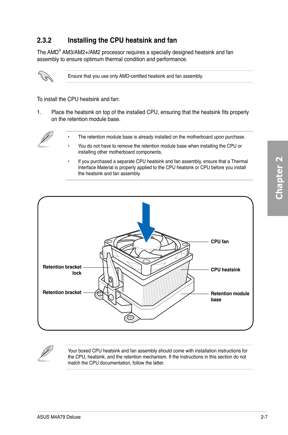 2 installing the cpu heatsink and fan, Installing the cpu heatsink and fan -7, Chapter 2 | Asus M4A79 Deluxe User Manual | Page 27 / 122
