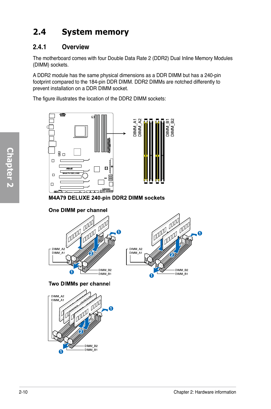 4 system memory, 1 overview, System memory -10 2.4.1 | Overview -10 | Asus M4A79 Deluxe User Manual | Page 30 / 122