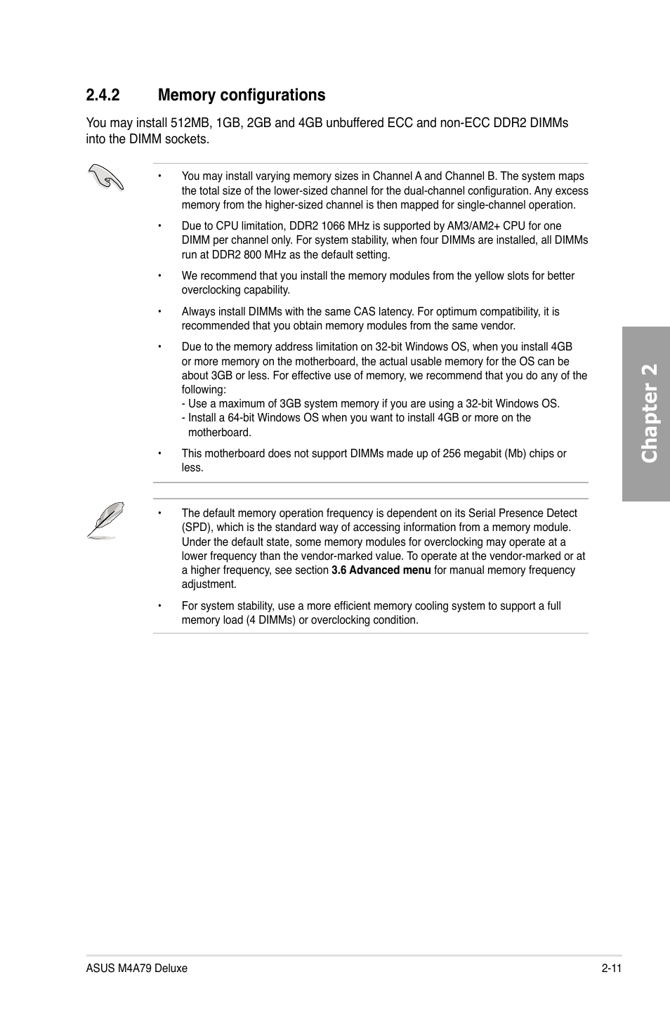 2 memory configurations, Memory configurations -11, Chapter 2 | Asus M4A79 Deluxe User Manual | Page 31 / 122