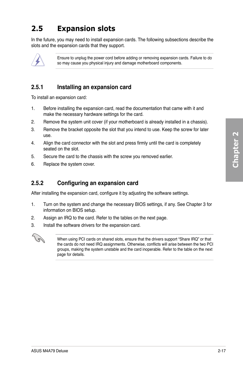 5 expansion slots, 1 installing an expansion card, 2 configuring an expansion card | Expansion slots -17 2.5.1, Installing an expansion card -17, Configuring an expansion card -17, Chapter 2 2.5 expansion slots | Asus M4A79 Deluxe User Manual | Page 37 / 122