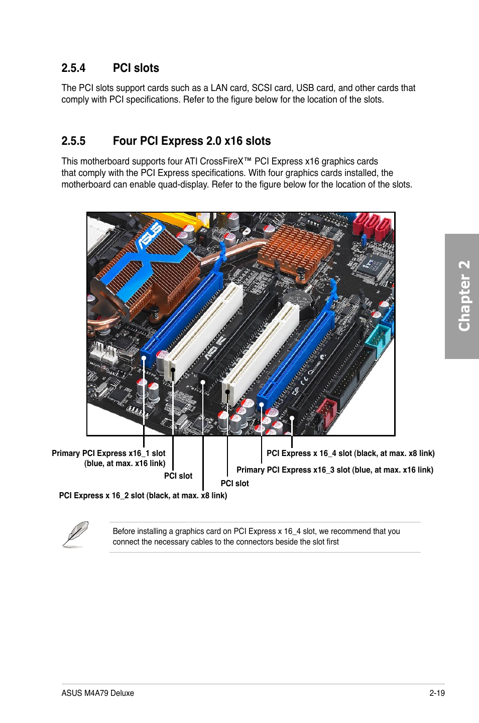 4 pci slots, 5 four pci express 2.0 x16 slots, Pci slots -19 | Four pci express 2.0 x16 slots -19, Chapter 2 | Asus M4A79 Deluxe User Manual | Page 39 / 122