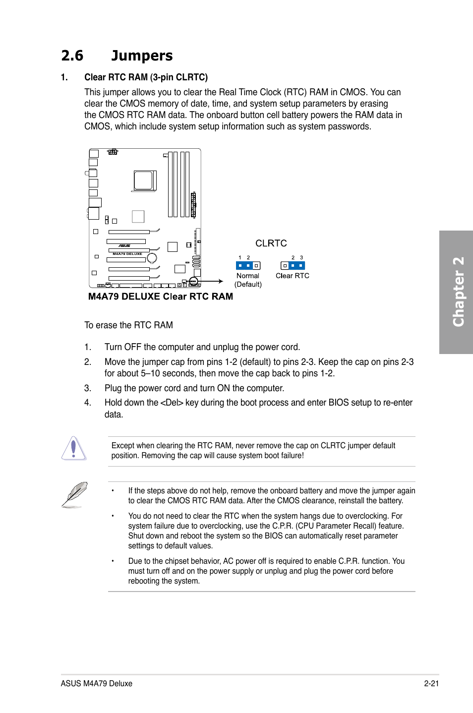 6 jumpers, Jumpers -21, Chapter 2 2.6 jumpers | Asus M4A79 Deluxe User Manual | Page 41 / 122