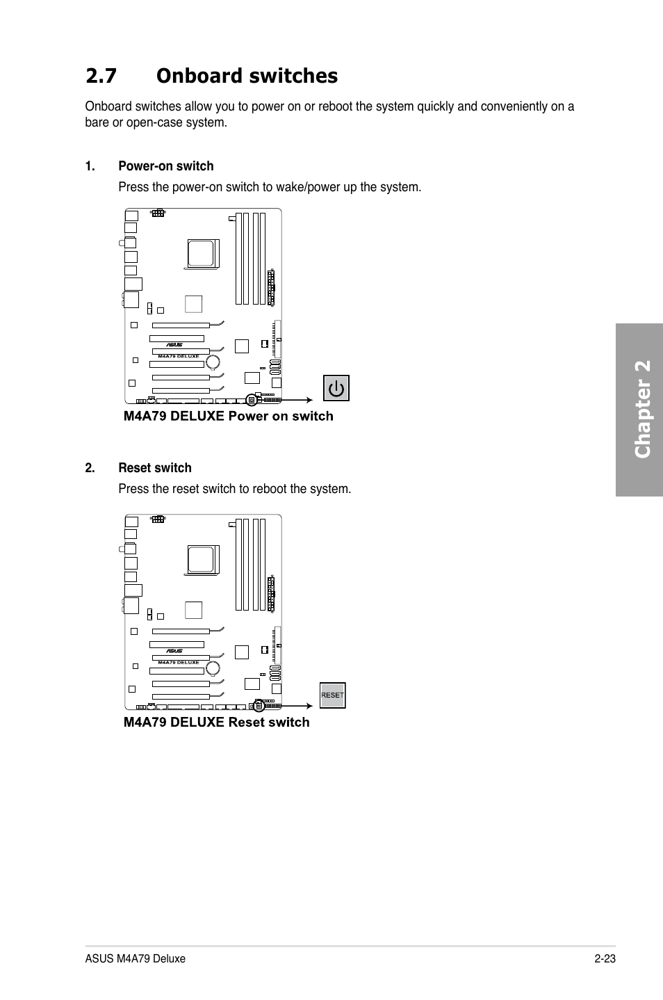 7 onboard switches, Onboard switches -23, Chapter 2 2.7 onboard switches | Asus M4A79 Deluxe User Manual | Page 43 / 122