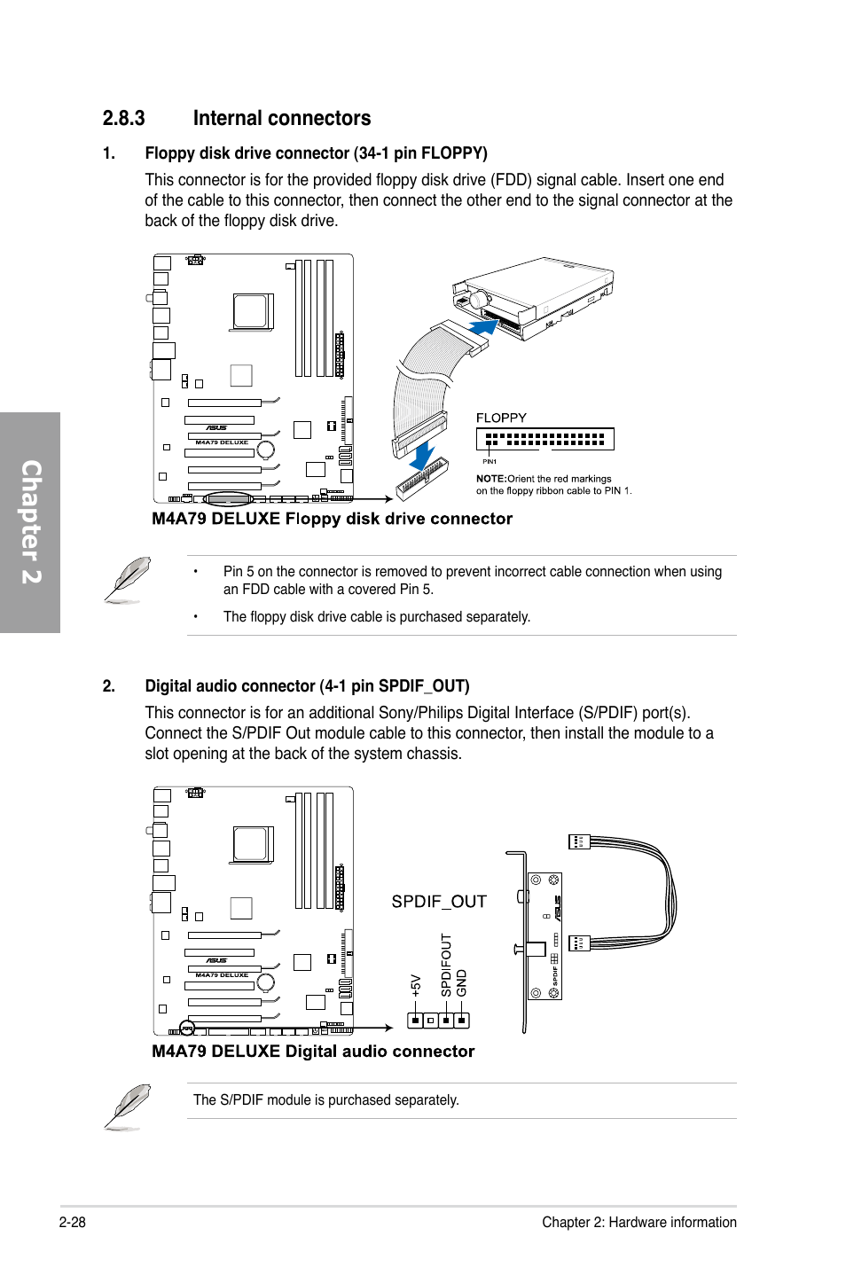 3 internal connectors, Internal connectors -28, Chapter 2 | Asus M4A79 Deluxe User Manual | Page 48 / 122