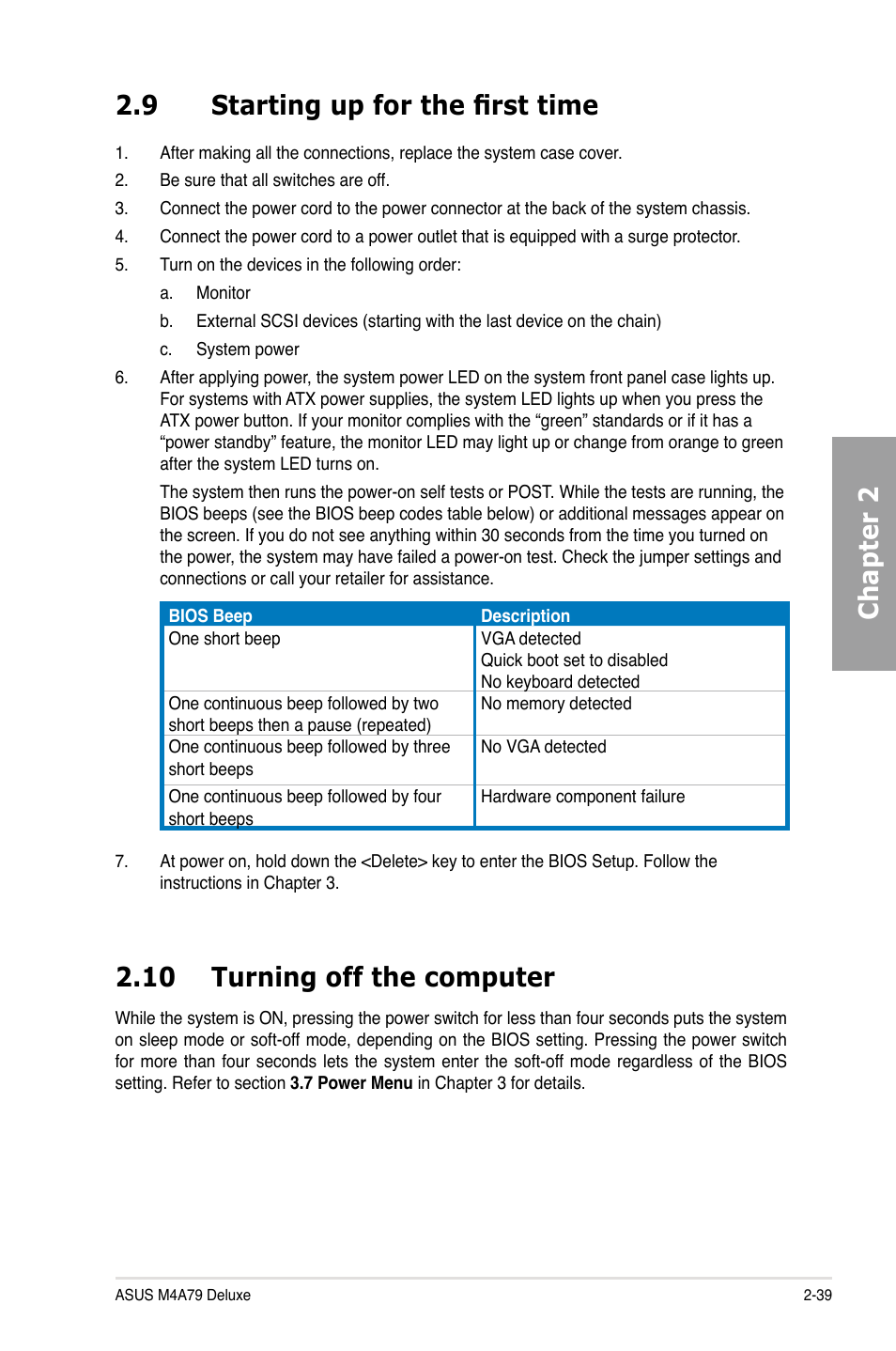 9 starting up for the first time, 10 turning off the computer, Starting up for the first time -39 | Turning off the computer -39, Chapter 2 2.9 starting up for the first time | Asus M4A79 Deluxe User Manual | Page 59 / 122