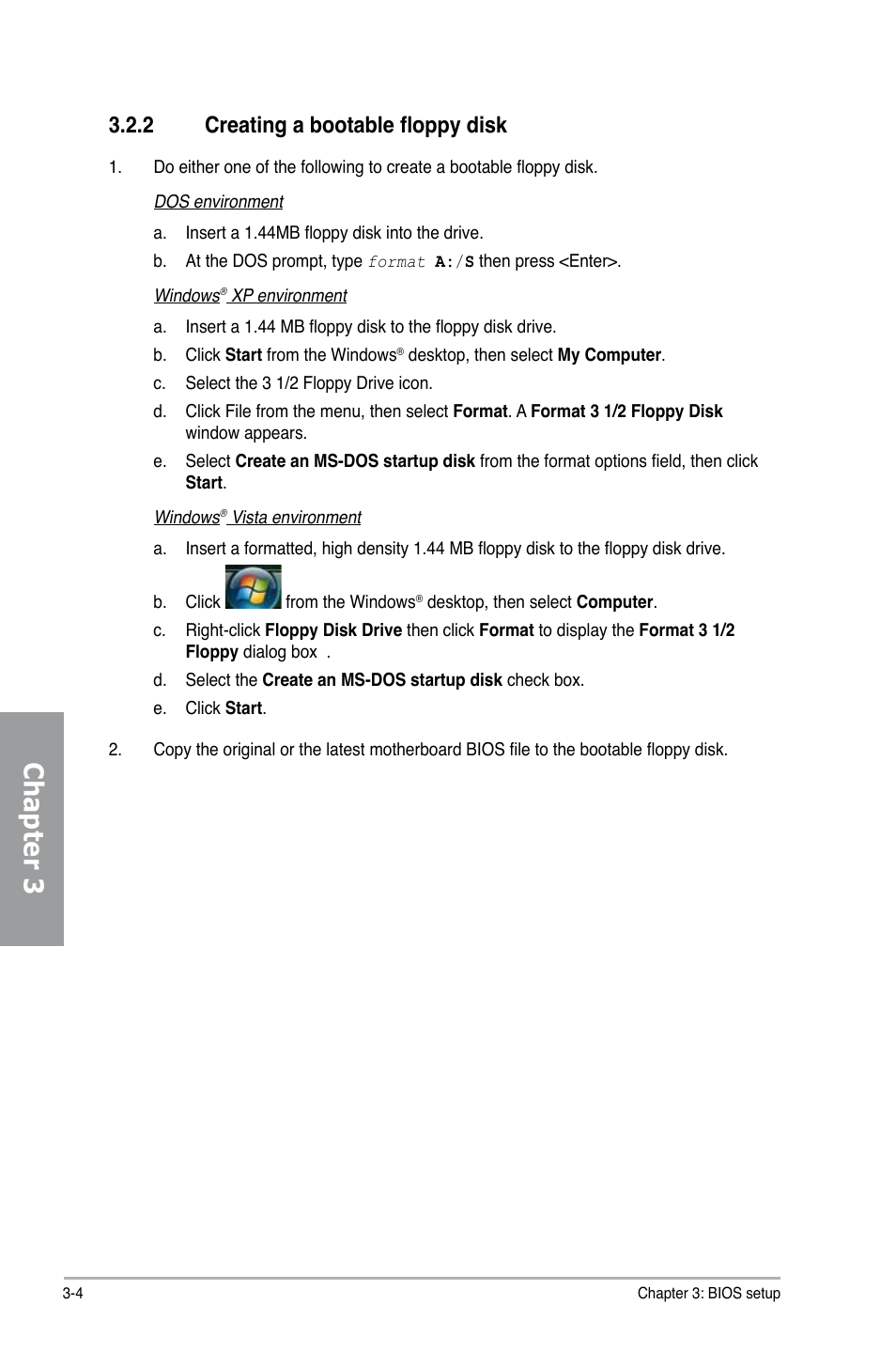 2 creating a bootable floppy disk, Creating a bootable floppy disk -4, Chapter 3 | Asus M4A79 Deluxe User Manual | Page 64 / 122