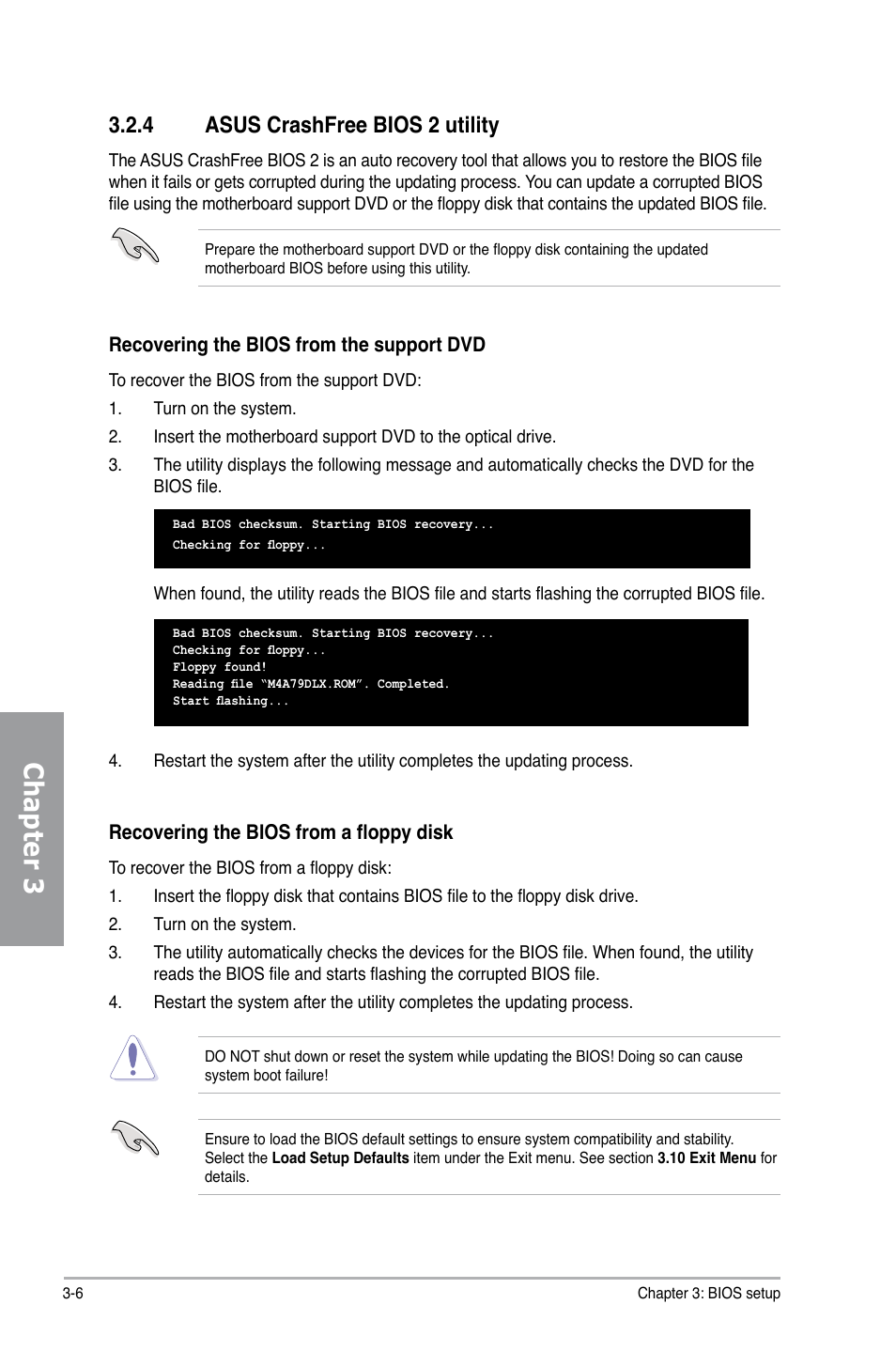 4 asus crashfree bios 2 utility, Asus crashfree bios 2 utility -6, Chapter 3 | Asus M4A79 Deluxe User Manual | Page 66 / 122