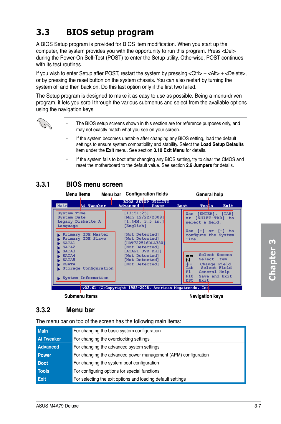 3 bios setup program, 1 bios menu screen, 2 menu bar | Bios setup program -7 3.3.1, Bios menu screen -7, Menu bar -7, Chapter 3 3.3 bios setup program | Asus M4A79 Deluxe User Manual | Page 67 / 122