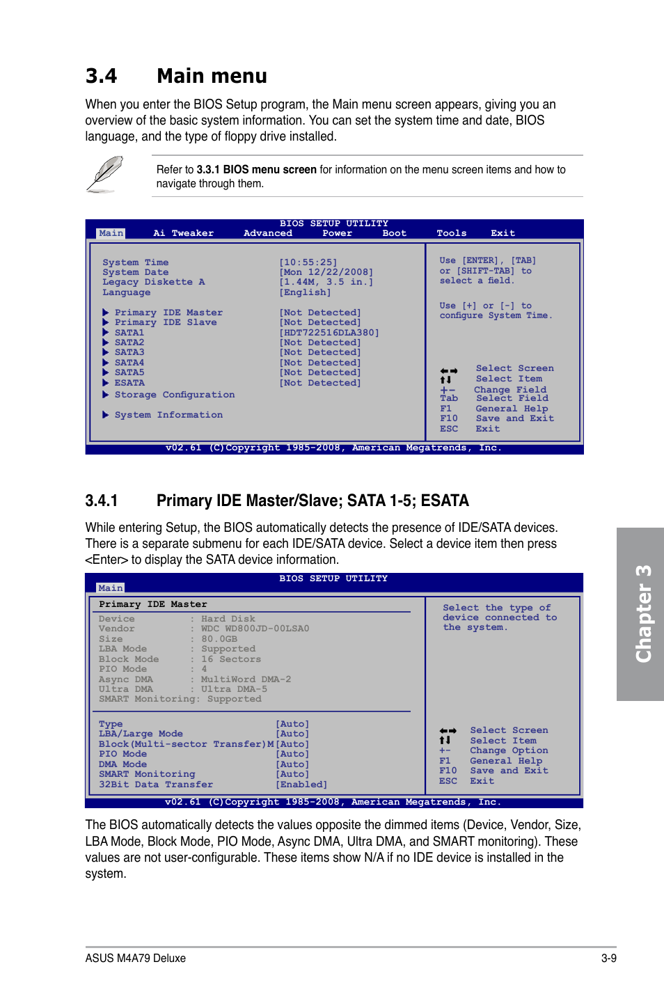 4 main menu, 1 primary ide master/slave; sata 1-5; esata, Main menu -9 3.4.1 | Primary ide master/slave; sata 1-5; esata -9, Chapter 3 3.4 main menu | Asus M4A79 Deluxe User Manual | Page 69 / 122