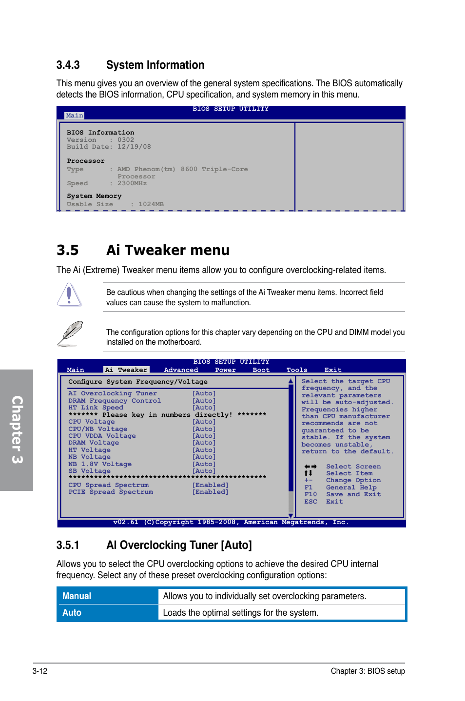 3 system information, 5 ai tweaker menu, 1 ai overclocking tuner [auto | System information -12, Ai tweaker menu -12 3.5.1, Ai overclocking tuner [auto] -12, Chapter 3 | Asus M4A79 Deluxe User Manual | Page 72 / 122