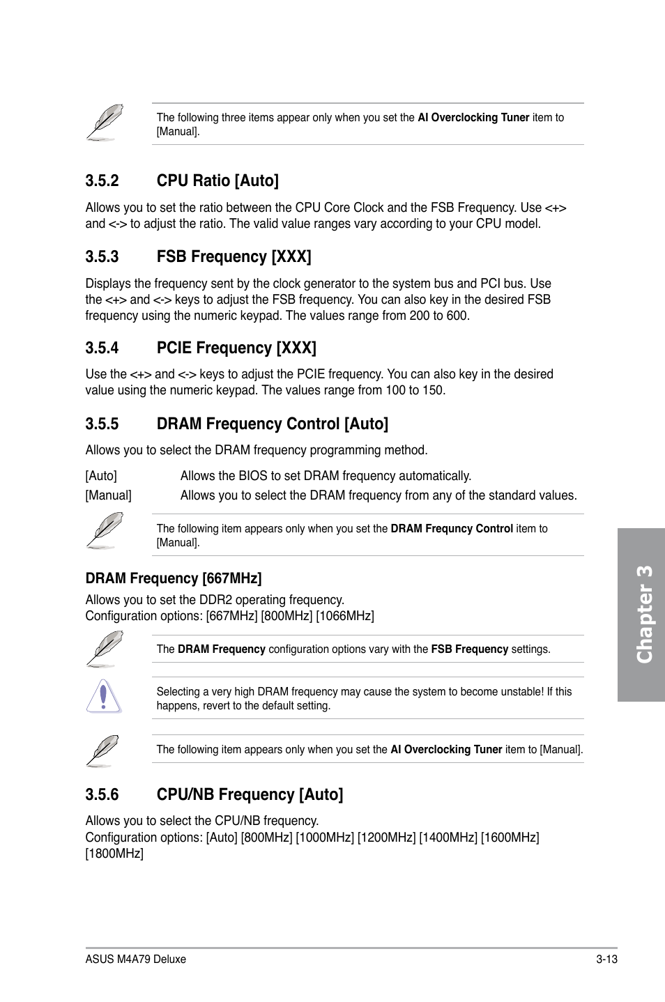 2 cpu ratio [auto, 3 fsb frequency [xxx, 4 pcie frequency [xxx | 5 dram frequency control [auto, 6 cpu/nb frequency [auto, Cpu ratio [auto] -13, Fsb frequency [xxx] -13, Pcie frequency [xxx] -13, Dram frequency control [auto] -13, Cpu/nb frequency [auto] -13 | Asus M4A79 Deluxe User Manual | Page 73 / 122