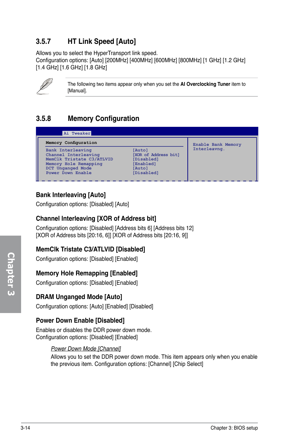 8 memory configuration, 7 ht link speed [auto, Memory configuration -14 | Ht link speed [auto] -14, Chapter 3, Bank interleaving [auto, Channel interleaving [xor of address bit, Memclk tristate c3/atlvid [disabled, Dram unganged mode [auto, Power down enable [disabled | Asus M4A79 Deluxe User Manual | Page 74 / 122