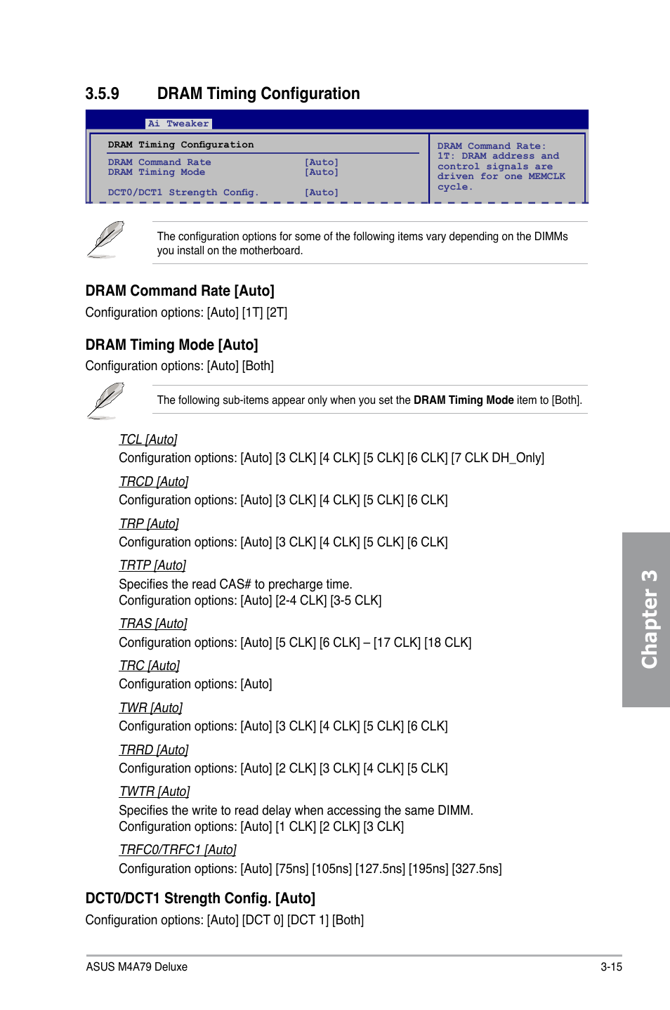 9 dram timing configuration, Dram timing configuration -15, Chapter 3 | Dram command rate [auto, Dram timing mode [auto, Dct0/dct1 strength config. [auto | Asus M4A79 Deluxe User Manual | Page 75 / 122