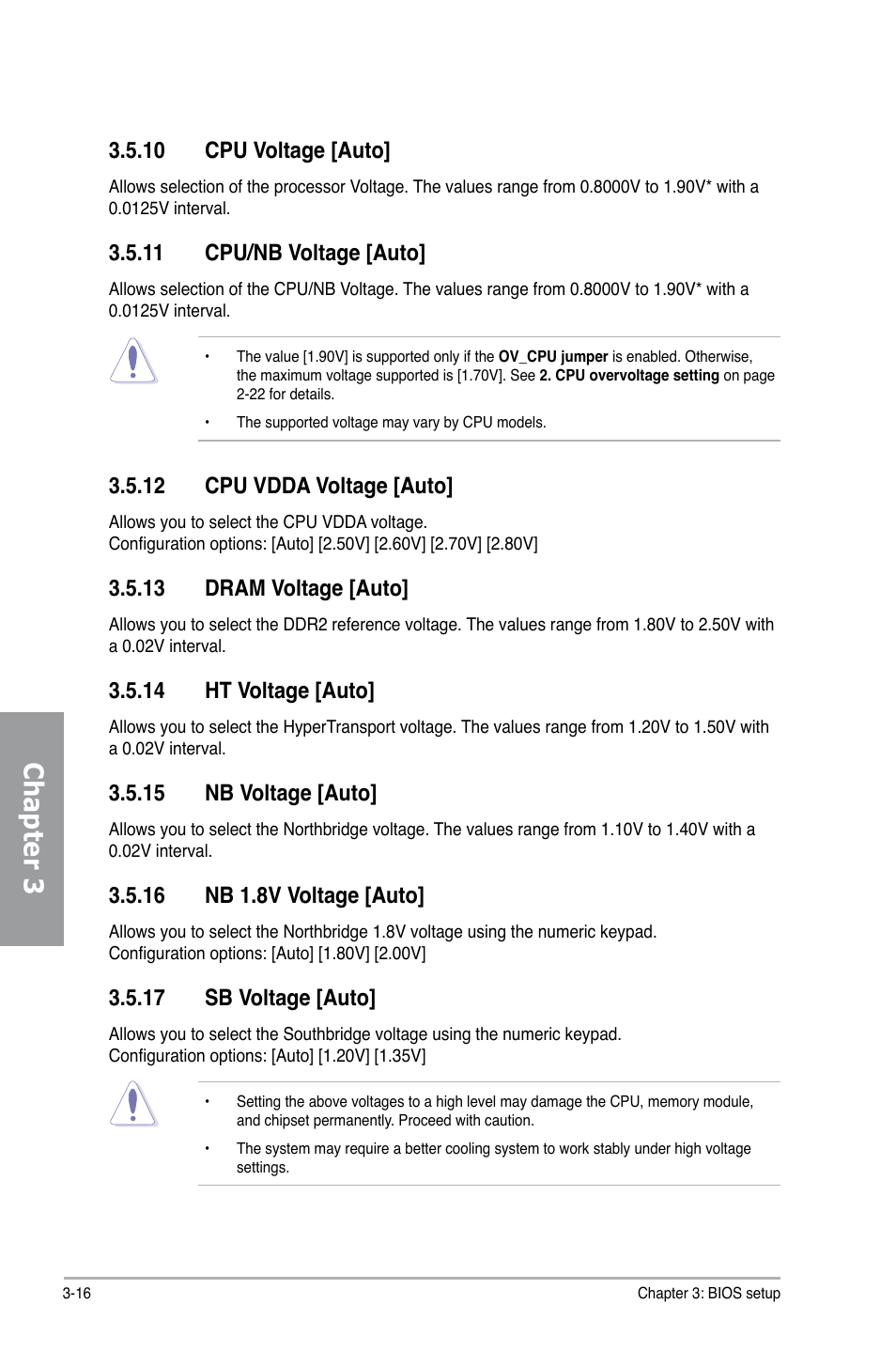 10 cpu voltage [auto, 11 cpu/nb voltage [auto, 12 cpu vdda voltage [auto | 13 dram voltage [auto, 14 ht voltage [auto, 15 nb voltage [auto, 16 nb 1.8v voltage [auto, 17 sb voltage [auto, Cpu voltage [auto] -16, Cpu/nb voltage [auto] -16 | Asus M4A79 Deluxe User Manual | Page 76 / 122