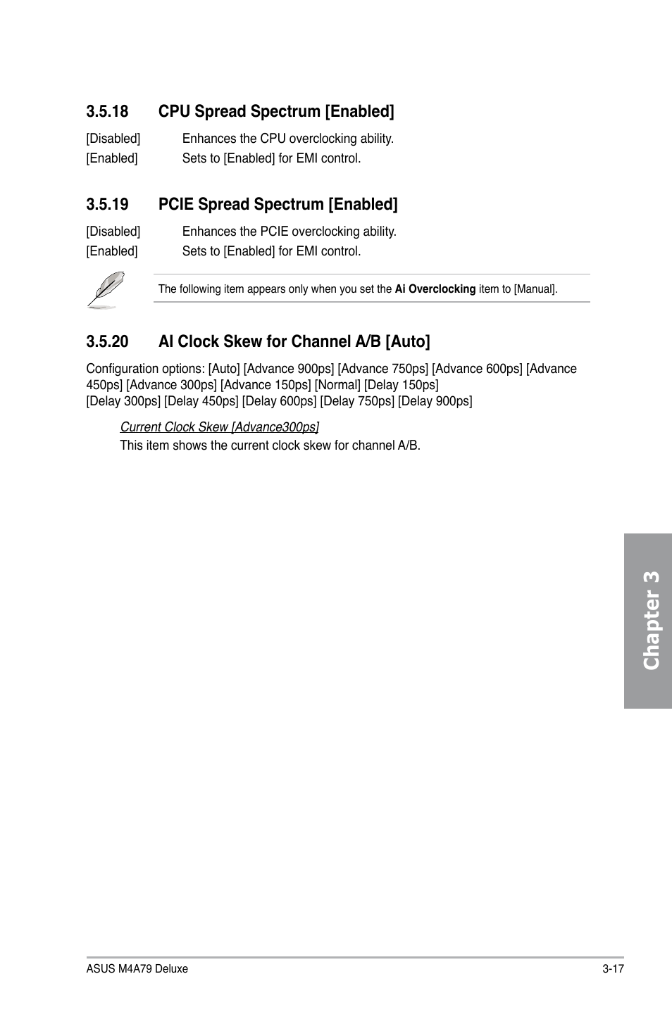 18 cpu spread spectrum [enabled, 19 pcie spread spectrum [enabled, 20 ai clock skew for channel a/b [auto | Cpu spread spectrum [enabled] -17, Pcie spread spectrum [enabled] -17, Ai clock skew for channel a/b [auto] -17, Chapter 3 | Asus M4A79 Deluxe User Manual | Page 77 / 122