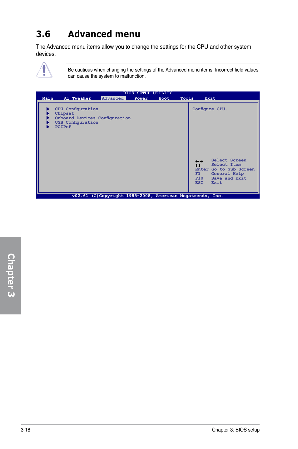 6 advanced menu, Advanced menu -18, Chapter 3 | Asus M4A79 Deluxe User Manual | Page 78 / 122