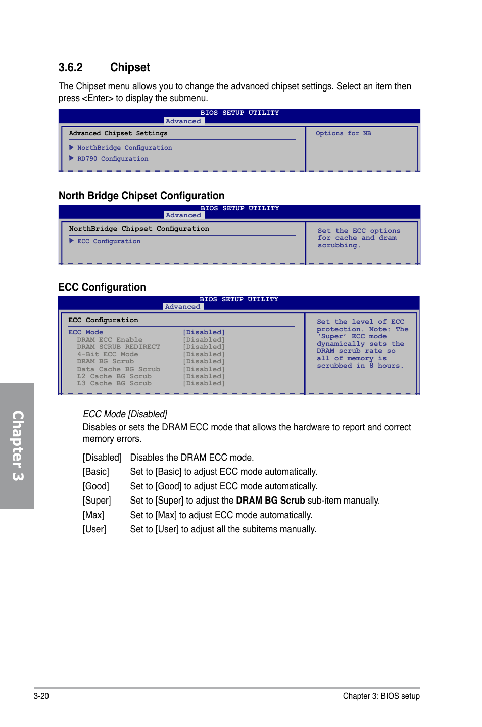 2 chipset, Chipset -20, Chapter 3 | North bridge chipset configuration, Ecc configuration | Asus M4A79 Deluxe User Manual | Page 80 / 122