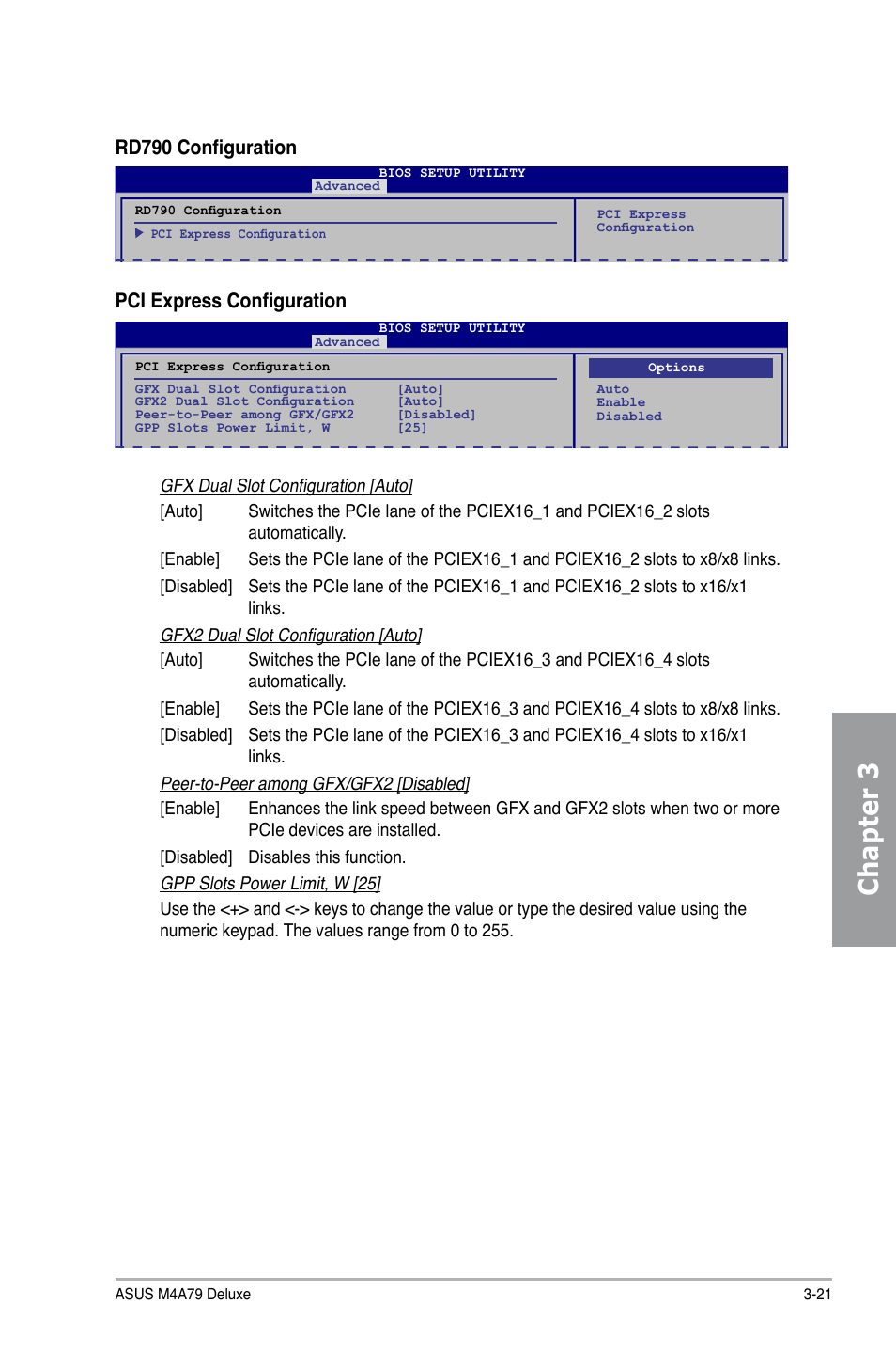 Chapter 3, Rd790 configuration, Pci express configuration | Asus M4A79 Deluxe User Manual | Page 81 / 122