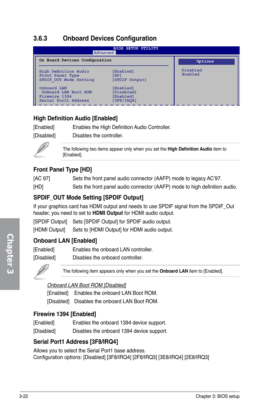3 onboard devices configuration, Onboard devices configuration -22, Chapter 3 | High definition audio [enabled, Front panel type [hd, Spdif_out mode setting [spdif output, Onboard lan [enabled, Firewire 1394 [enabled, Serial port1 address [3f8/irq4 | Asus M4A79 Deluxe User Manual | Page 82 / 122