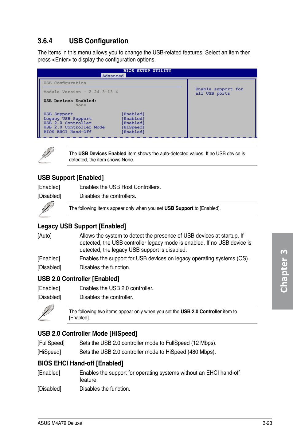 4 usb configuration, Usb configuration -23, Chapter 3 | Usb support [enabled, Legacy usb support [enabled, Usb 2.0 controller [enabled, Usb 2.0 controller mode [hispeed, Bios ehci hand-off [enabled | Asus M4A79 Deluxe User Manual | Page 83 / 122
