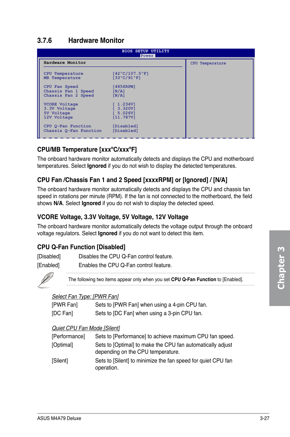 6 hardware monitor, Hardware monitor -27, Chapter 3 | Cpu/mb temperature [xxxºc/xxxºf, Cpu q-fan function [disabled | Asus M4A79 Deluxe User Manual | Page 87 / 122