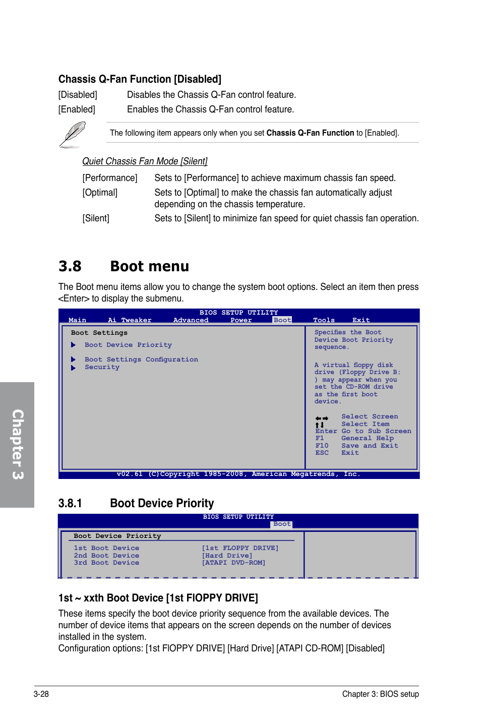 8 boot menu, 1 boot device priority, Boot menu -28 3.8.1 | Boot device priority -28, Chapter 3, Chassis q-fan function [disabled, 1st ~ xxth boot device [1st floppy drive | Asus M4A79 Deluxe User Manual | Page 88 / 122