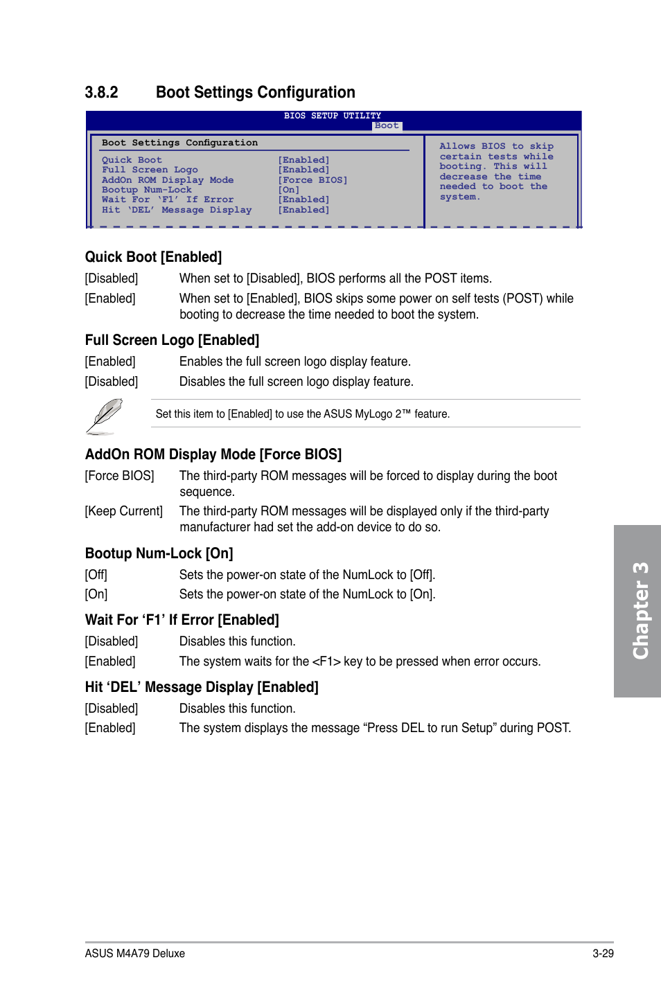 2 boot settings configuration, Boot settings configuration -29, Chapter 3 | Quick boot [enabled, Full screen logo [enabled, Addon rom display mode [force bios, Bootup num-lock [on, Wait for ‘f1’ if error [enabled, Hit ‘del’ message display [enabled | Asus M4A79 Deluxe User Manual | Page 89 / 122