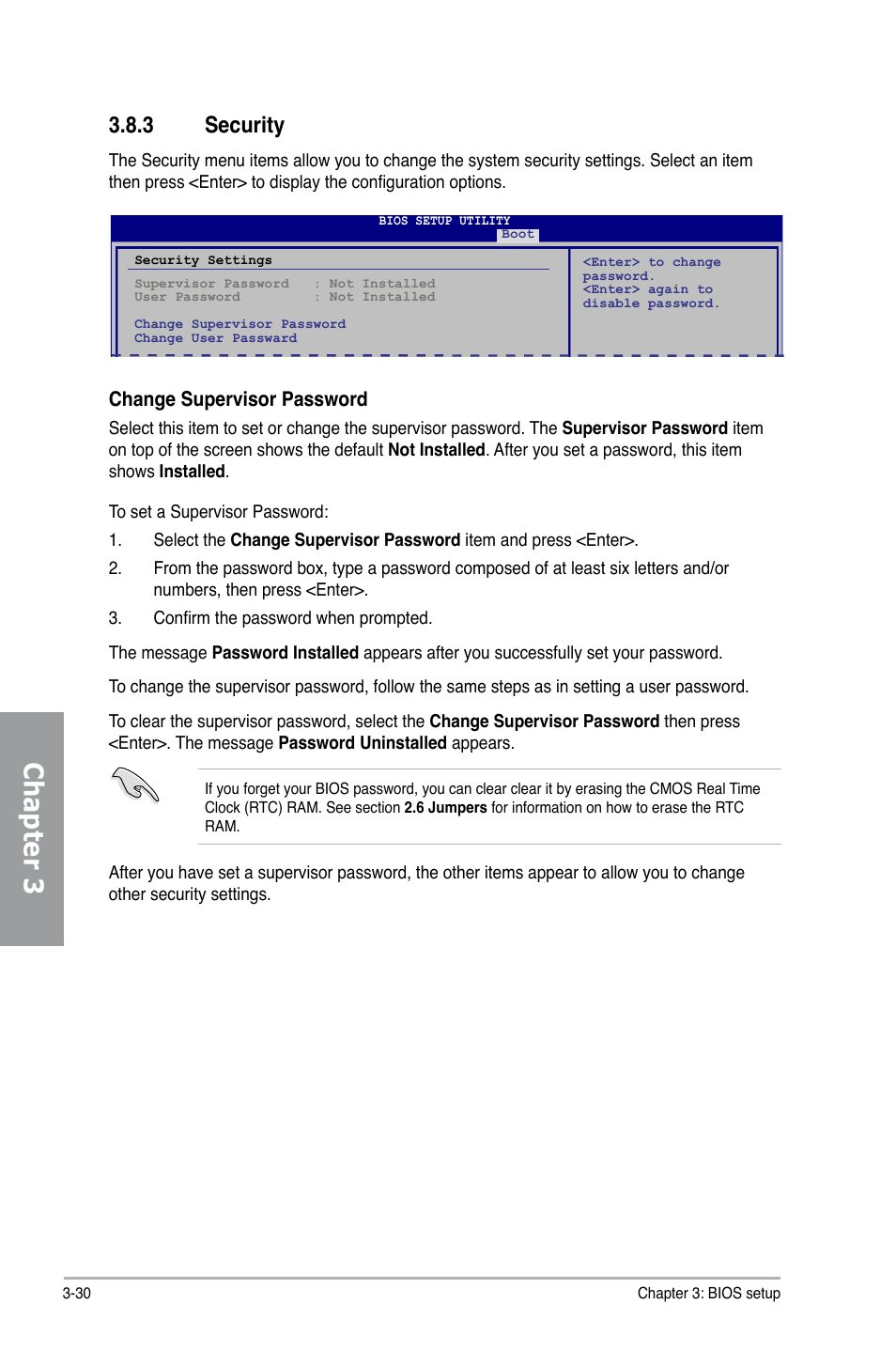 3 security, Security -30, Chapter 3 | Change supervisor password | Asus M4A79 Deluxe User Manual | Page 90 / 122