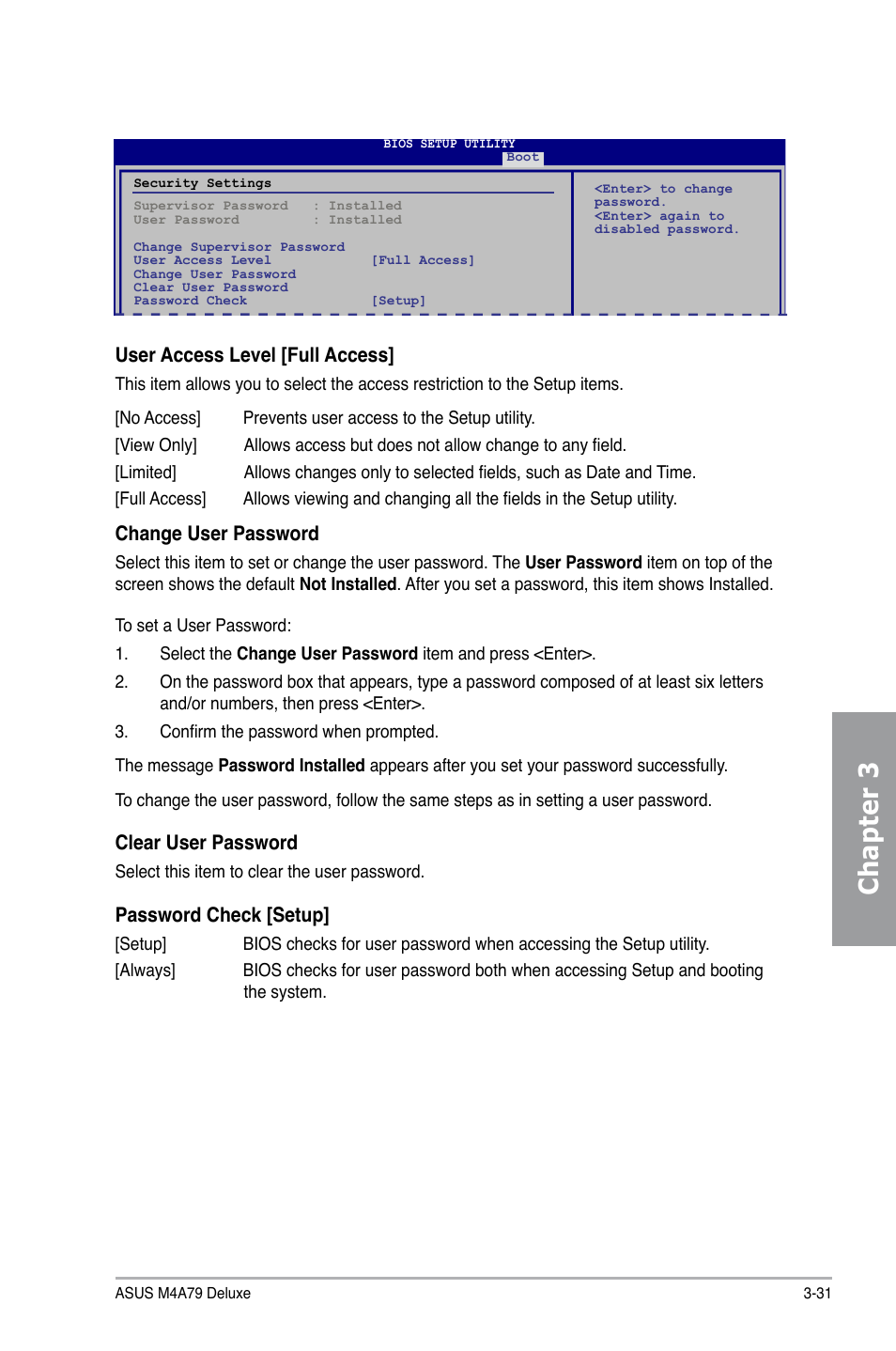 Chapter 3, User access level [full access, Change user password | Clear user password, Password check [setup | Asus M4A79 Deluxe User Manual | Page 91 / 122