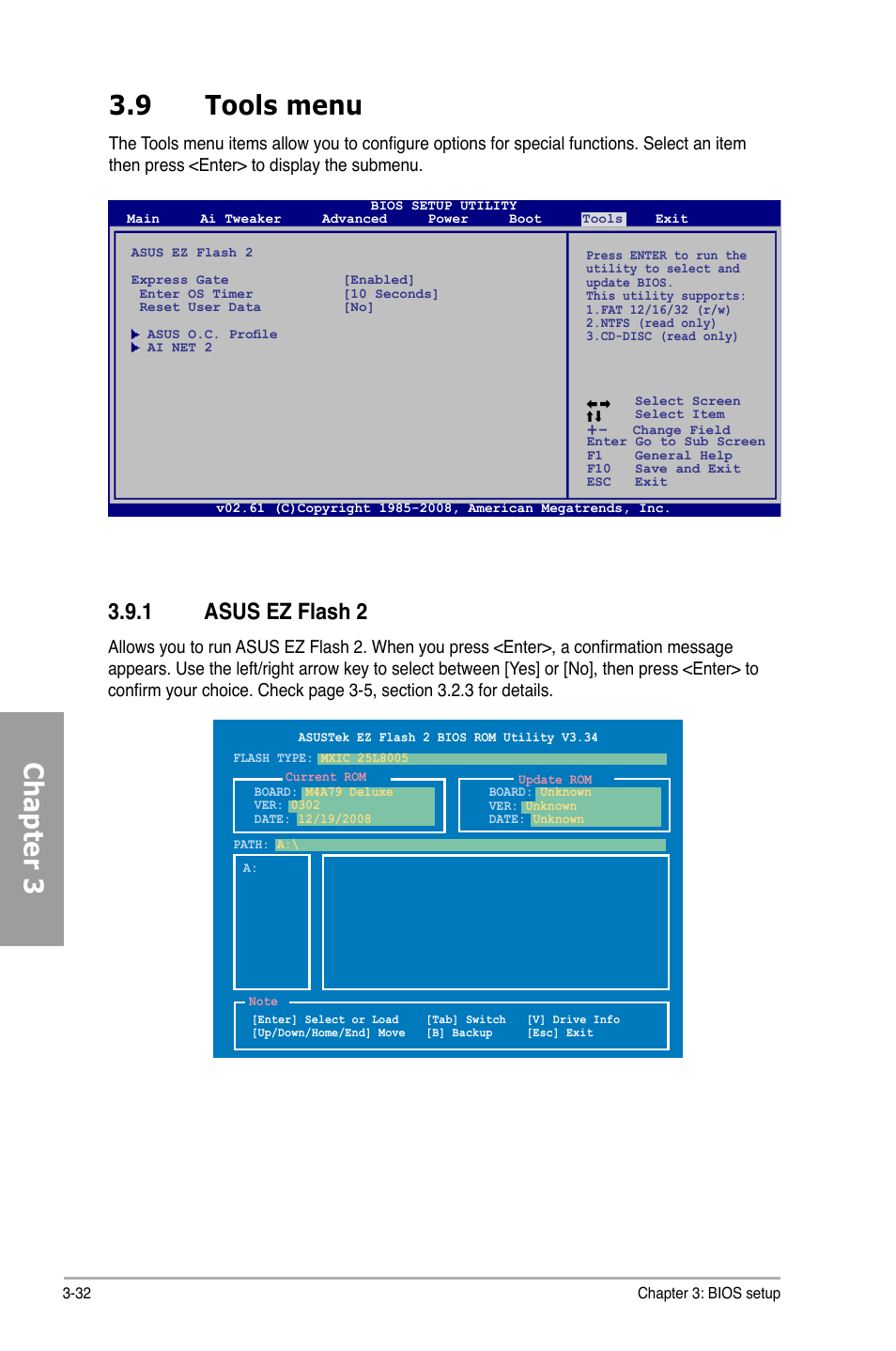 9 tools menu, 1 asus ez flash 2, Tools menu -32 3.9.1 | Asus ez flash 2 -32, Chapter 3 3.9 tools menu | Asus M4A79 Deluxe User Manual | Page 92 / 122