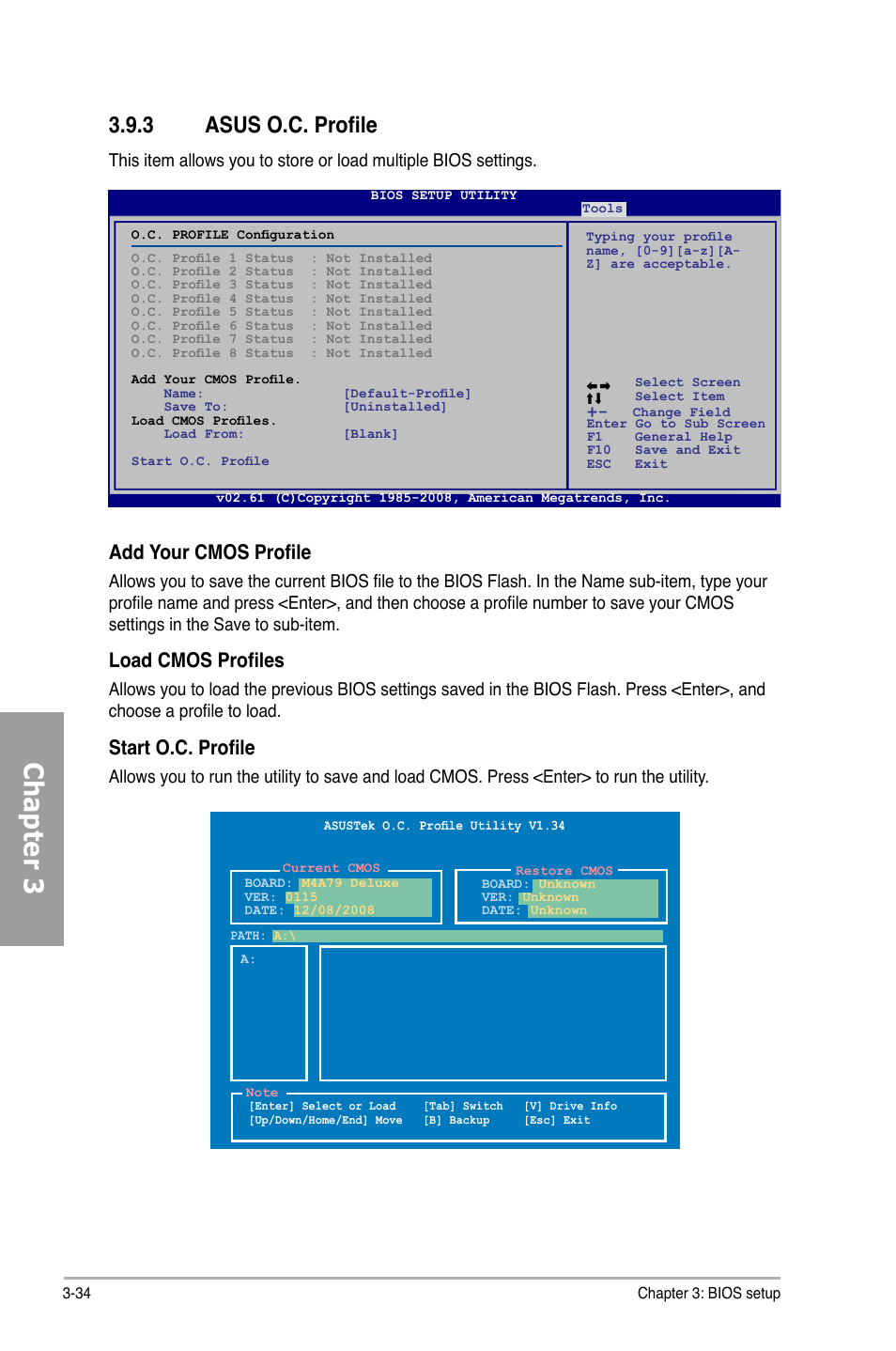 3 asus o.c. profile, Asus o.c. profile -34, Chapter 3 | Add your cmos profile, Load cmos profiles, Start o.c. profile | Asus M4A79 Deluxe User Manual | Page 94 / 122