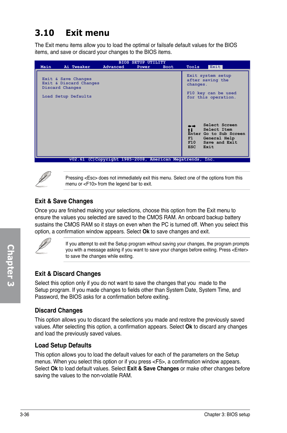 10 exit menu, Exit menu -36, Chapter 3 3.10 exit menu | Exit & save changes, Exit & discard changes, Discard changes, Load setup defaults | Asus M4A79 Deluxe User Manual | Page 96 / 122