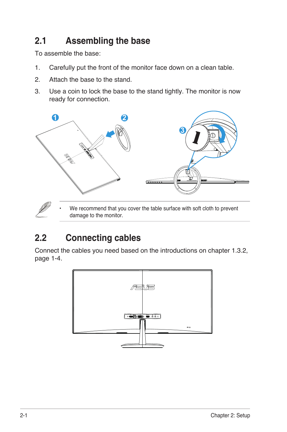 1 assembling the base, 2 connecting cables, Assembling the base -1 | Connecting cables -1 | Asus MX299Q User Manual | Page 12 / 22