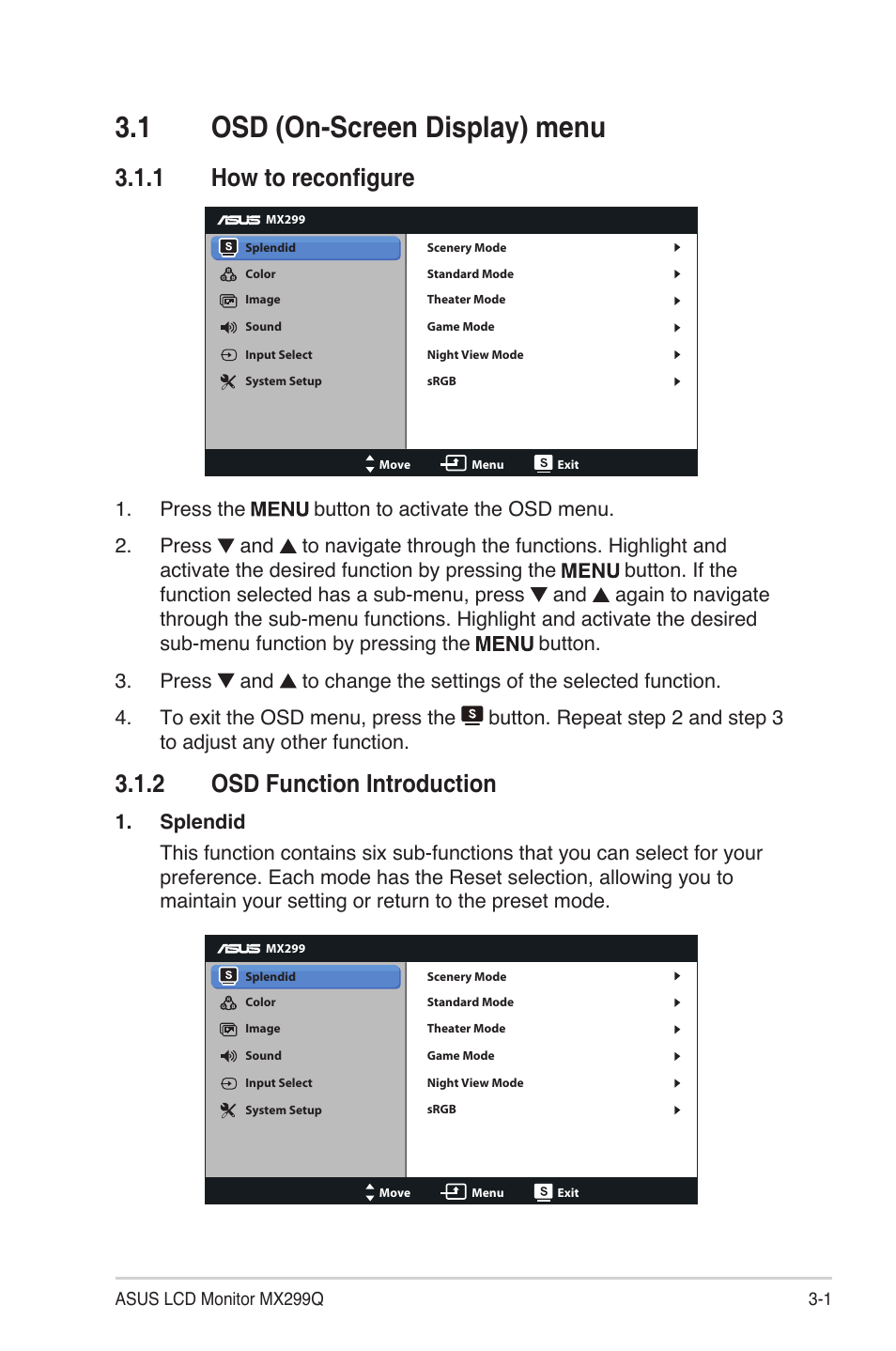 1 osd (on-screen display) menu, 1 how to reconfigure, 2 osd function introduction | Osd (on-screen display) menu -1, How to reconfigure -1, Osd function introduction -1 | Asus MX299Q User Manual | Page 15 / 22