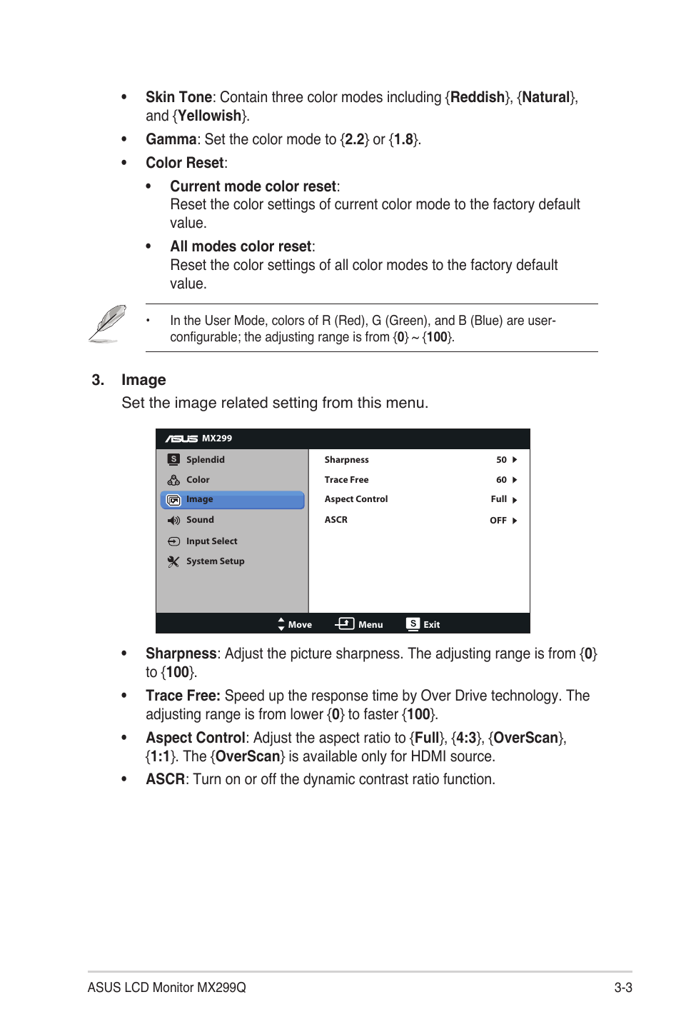 Image set the image related setting from this menu | Asus MX299Q User Manual | Page 17 / 22