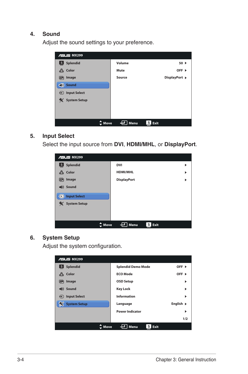 Sound adjust the sound settings to your preference, System setup adjust the system configuration, 4 chapter 3: general instruction | Asus MX299Q User Manual | Page 18 / 22