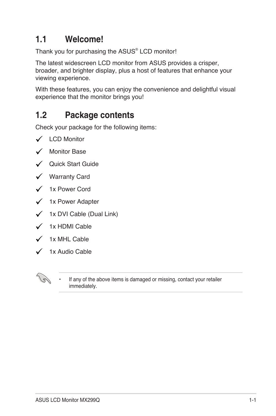 1 welcome, 2 package contents, 1 welcome! -1 1.2 | Package contents -1 | Asus MX299Q User Manual | Page 7 / 22