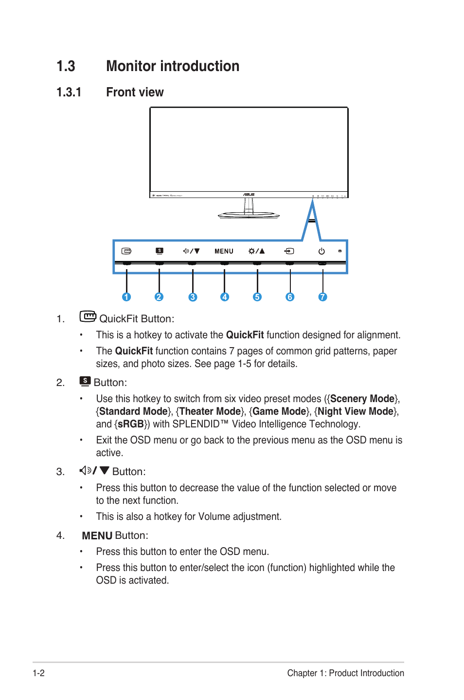 3 monitor introduction, 1 front view, Monitor introduction -2 | Front view -2 | Asus MX299Q User Manual | Page 8 / 22