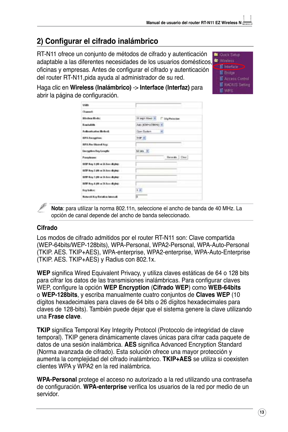 2) configurar el cifrado inalámbrico | Asus RT-N11 User Manual | Page 15 / 40