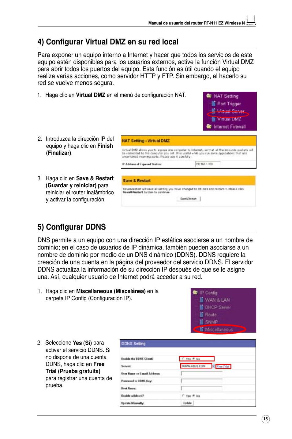 5) configurar ddns, 4) configurar virtual dmz en su red local | Asus RT-N11 User Manual | Page 17 / 40