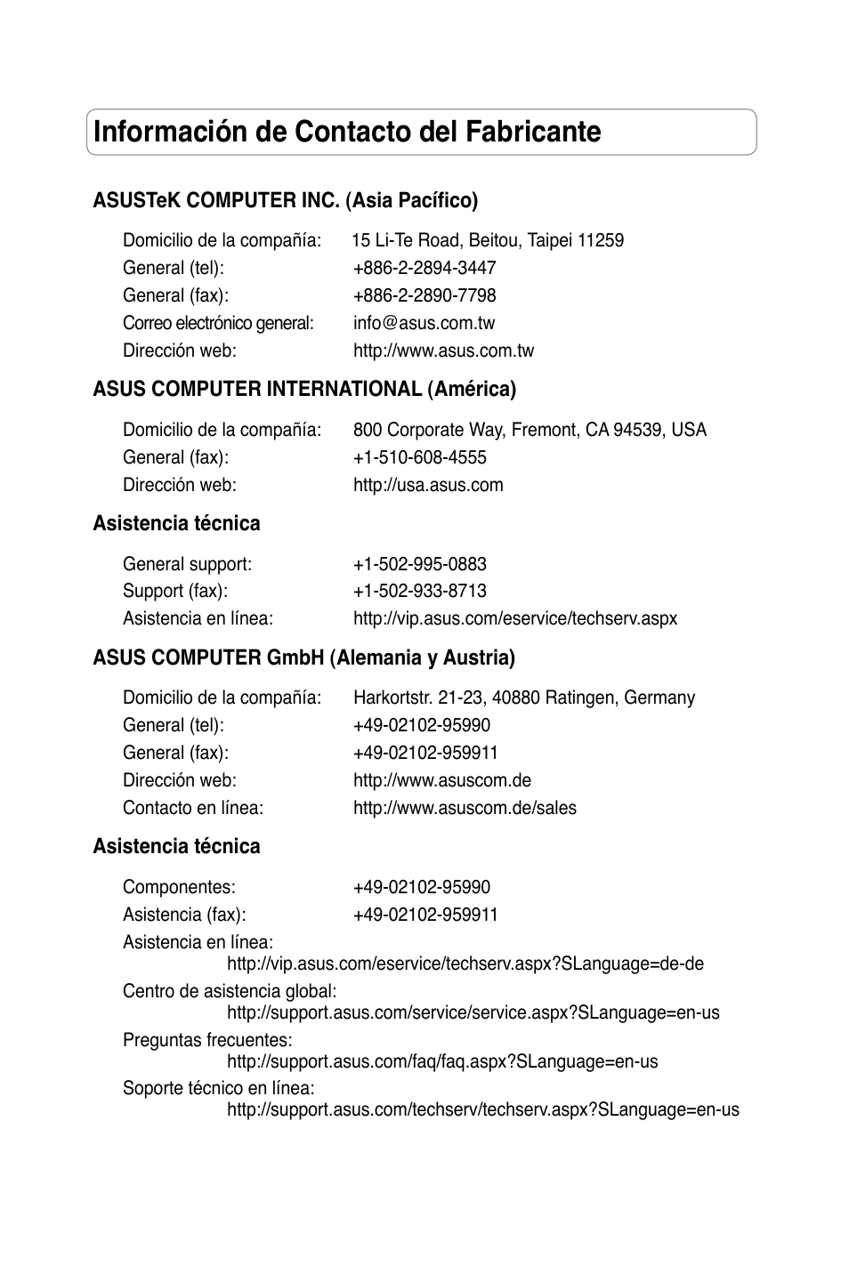 Información de contacto del fabricante | Asus RT-N11 User Manual | Page 2 / 40