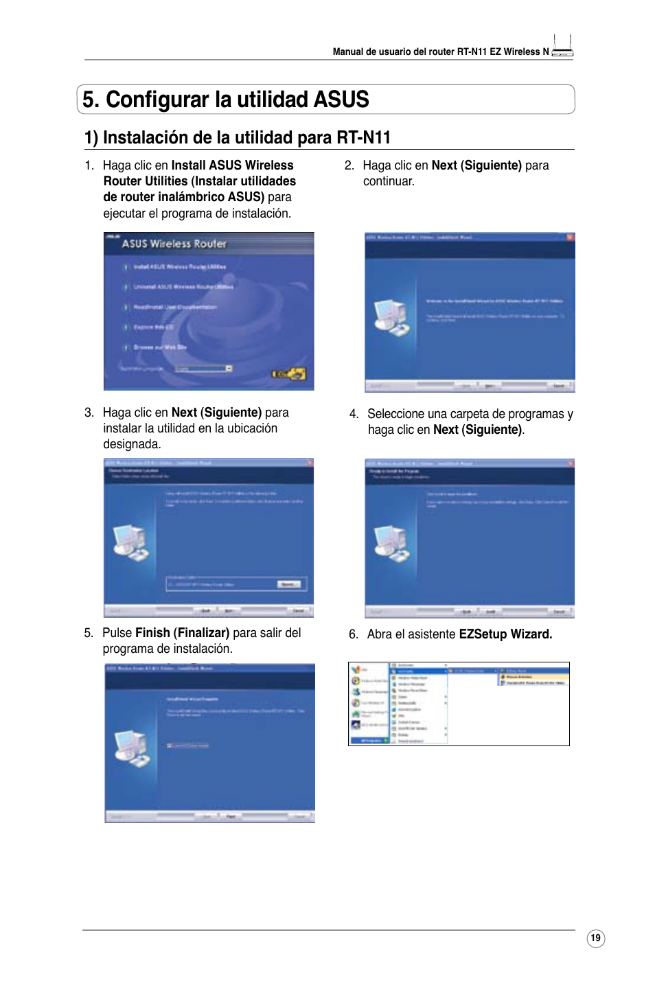 Configurar la utilidad asus, 1) instalación de la utilidad para rt-n11 | Asus RT-N11 User Manual | Page 21 / 40