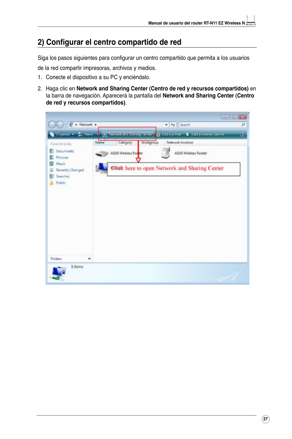 2) configurar el centro compartido de red | Asus RT-N11 User Manual | Page 29 / 40