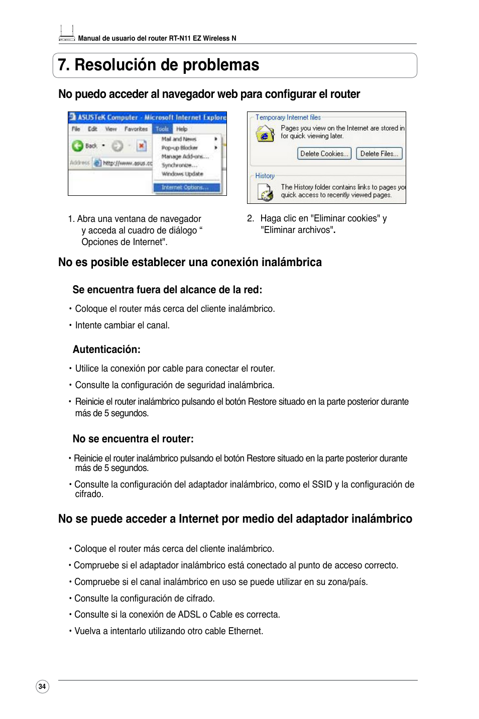 Resolución de problemas, No es posible establecer una conexión inalámbrica | Asus RT-N11 User Manual | Page 36 / 40